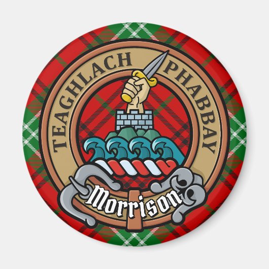 Clan Morrison Crest over Red Tartan Magneet (Voorkant)