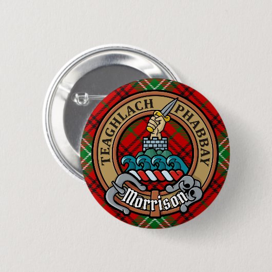 Clan Morrison Crest over Red Tartan Ronde Button 5,7 Cm (Voorkant /achterkant)