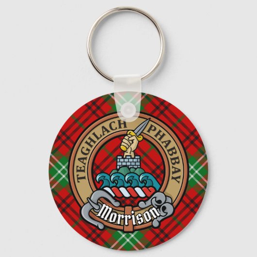 Clan Morrison Crest over Red Tartan Sleutelhanger (Voorkant)
