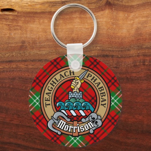 Clan Morrison Crest over Red Tartan Sleutelhanger (Voorkant)