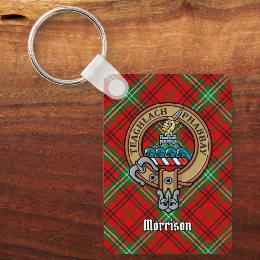 Clan Morrison Crest over Red Tartan Sleutelhanger (Voorkant)