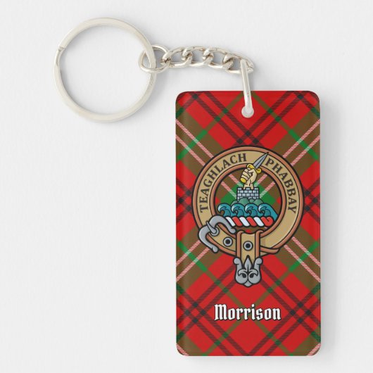 Clan Morrison Crest over Red Tartan Sleutelhanger (Voorkant)