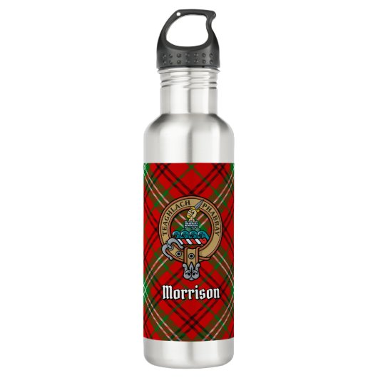 Clan Morrison Crest over Red Tartan Waterfles (Voorkant)
