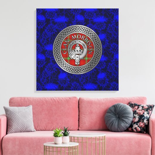 Clan Morrison Crest & Tartan Knot op Thistle Canvas Afdruk (Insitu (Woonkamer))