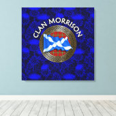 Clan Morrison Crest & Tartan Knot op Thistle Canvas Afdruk (Insitu (Houten vloer))