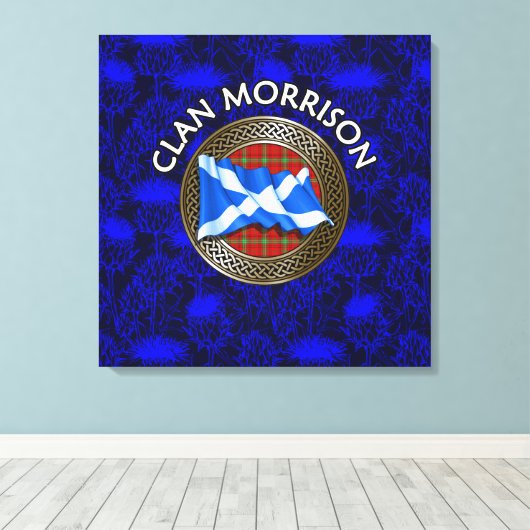 Clan Morrison Crest & Tartan Knot op Thistle Canvas Afdruk (Insitu (Houten vloer))