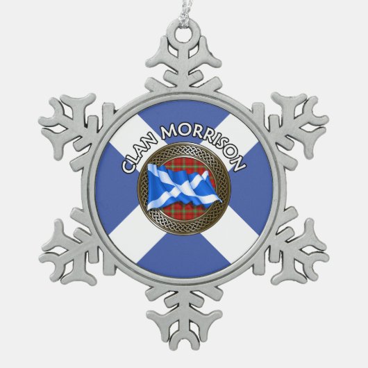 Clan Morrison Tartan Knot & Flag Tin Sneeuwvlok Ornament (Voorkant)