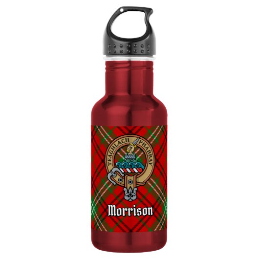 Clan Morrison Wapen over Rode Tartan Waterfles (Voorkant)