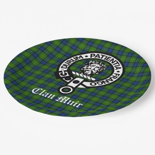 Clan Muir Crest Badge en Tartan Papieren Bordje (Gekanteld)