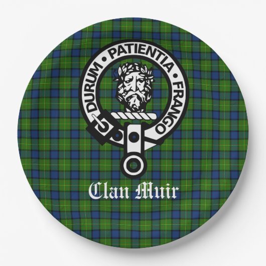 Clan Muir Crest Badge en Tartan Papieren Bordje (Voorkant)