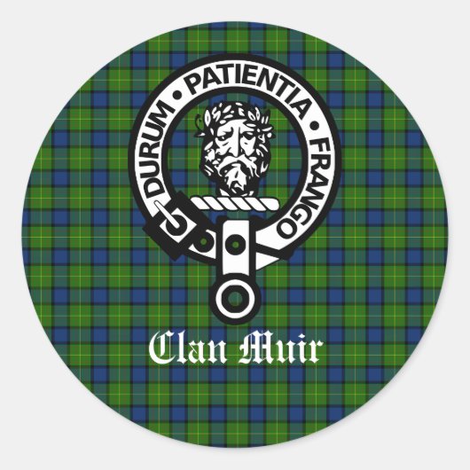 Clan Muir Crest Badge en Tartan Ronde Sticker (Voorkant)