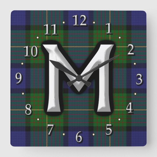 Clan Muir Letter M Monogram Tartan Vierkante Klok (Voorkant)