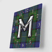 Clan Muir Letter M Monogram Tartan Vierkante Klok (Hoek)