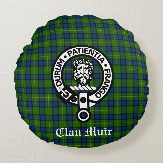 Clan Muir of Meer Crest Badge & Tartan Rond Kussen (Voorkant)