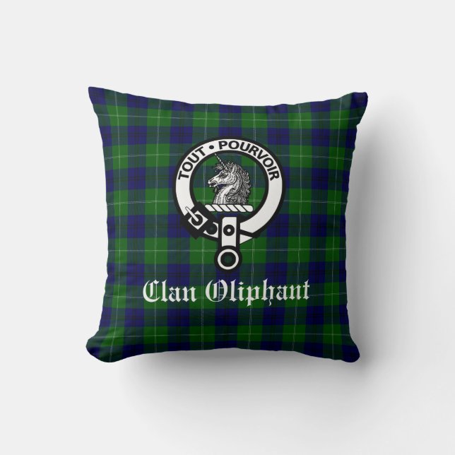 Clan Oliphant Crest Badge en Tartan Kussen (Voorkant)