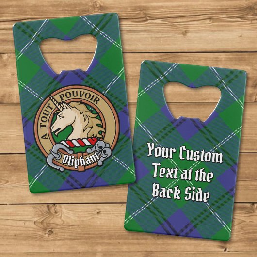Clan Oliphant Crest boven Tartan Creditkaart Flessenopener