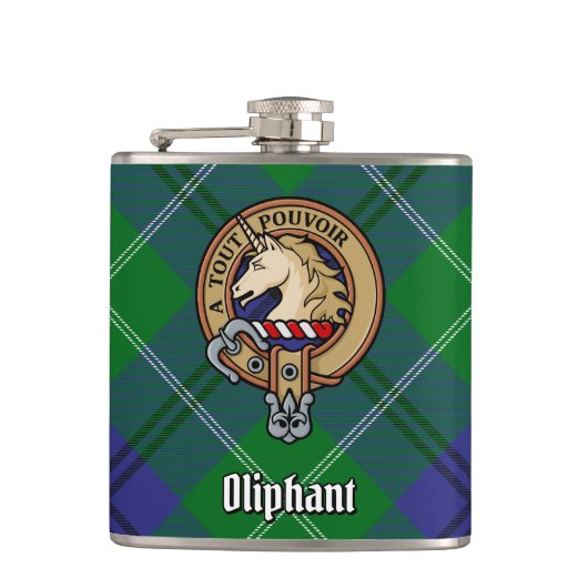 Clan Oliphant Crest boven Tartan Heupfles (Voorkant)