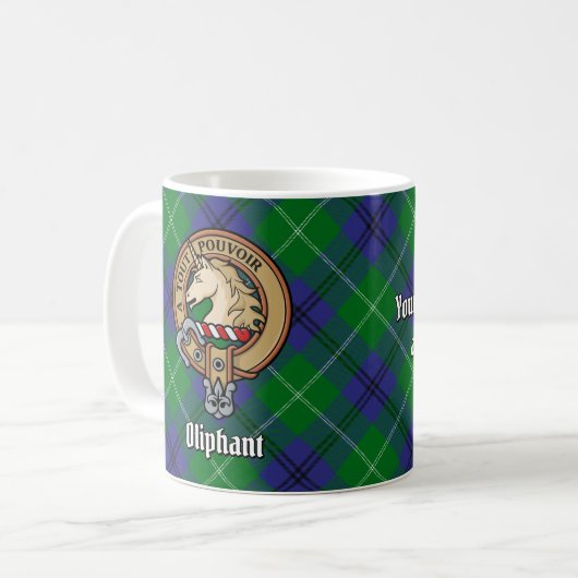 Clan Oliphant Crest boven Tartan Koffiemok (Voorkant links)