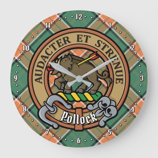 Clan Pollock Crest over Tartan Grote Klok (Voorkant)