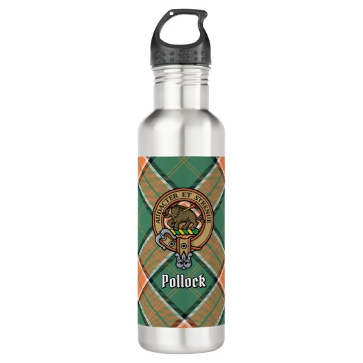 Clan Pollock Crest over Tartan Waterfles (Voorkant)