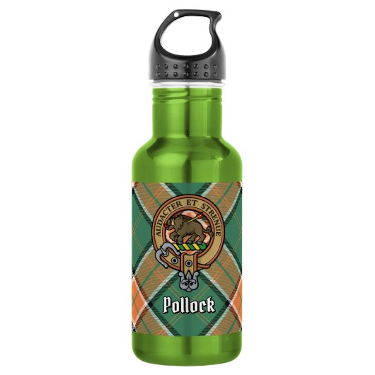 Clan Pollock-wapen boven tartan Waterfles (Voorkant)