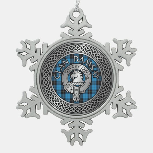 Clan Ramsay Crest & Hunting Tartan Knot Tin Sneeuwvlok Ornament (Voorkant)