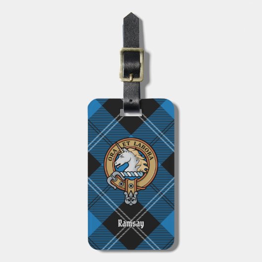 Clan Ramsay Crest over Blue Hunting Tartan Bagagelabel (Voorkant verticaal)