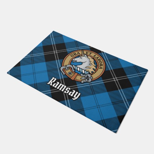 Clan Ramsay Crest over Blue Hunting Tartan Deurmat (Schuin)
