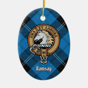 Clan Ramsay Crest over Blue Hunting Tartan Keramisch Ornament