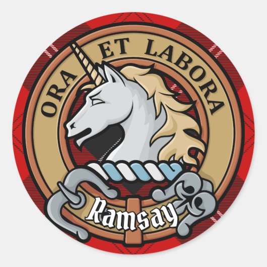 Clan Ramsay Crest over Red Tartan Ronde Sticker (Voorkant)