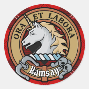 Clan Ramsay Crest over Red Tartan Ronde Sticker