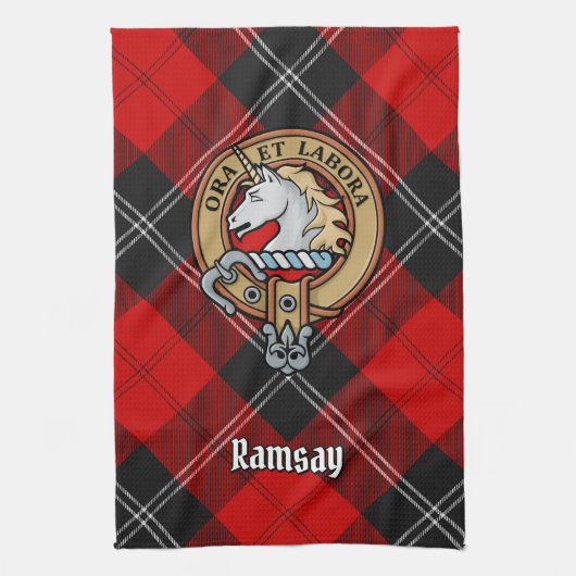 Clan Ramsay Crest over Red Tartan Theedoek (Verticaal)