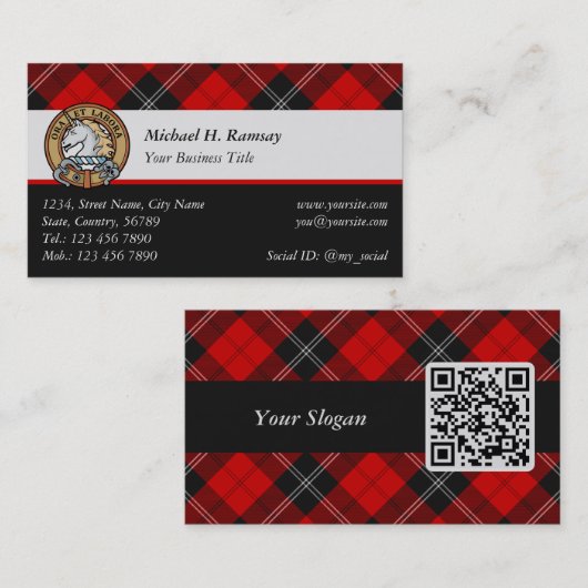Clan Ramsay Crest over Red Tartan Visitekaartje (Voorkant / Achterkant)