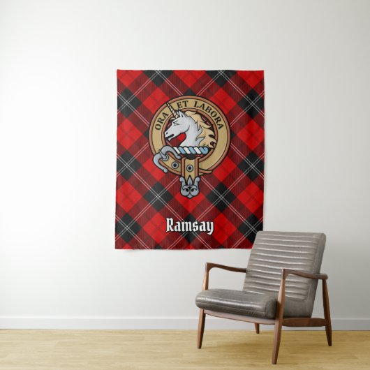 Clan Ramsay Crest over Red Tartan Wandkleed (In situ)