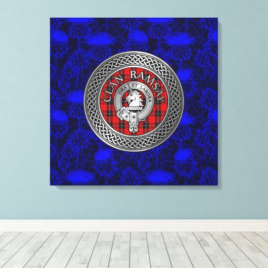 Clan Ramsay Crest & Tartan Knot op Thistle Canvas Afdruk (Insitu (Houten vloer))