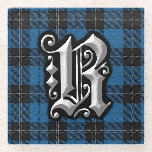 Clan Ramsay Ramsey Letter R Monogram Blue Tartan Glazen Onderzetter (Voorkant)