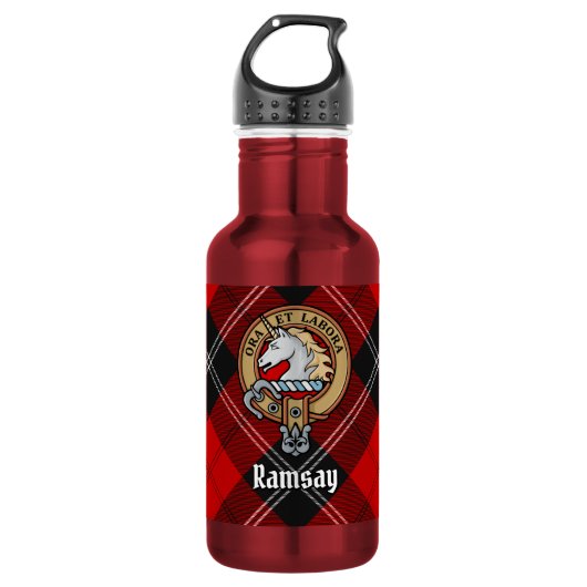 Clan Ramsay-wapen over rode tartan Waterfles (Voorkant)