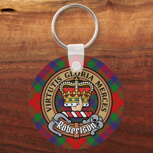 Clan Robertson Crest over Tartan Sleutelhanger (Voorkant)