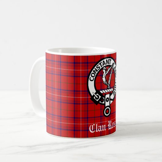 Clan Roos Crest Badge en Tartan Koffiemok (Voorkant links)