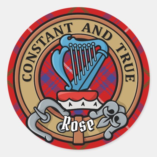 Clan Roos Crest over Tartan Ronde Sticker (Voorkant)