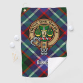 Clan Russell Crest over geruite achtergrond Golfhanddoek (Insitu)