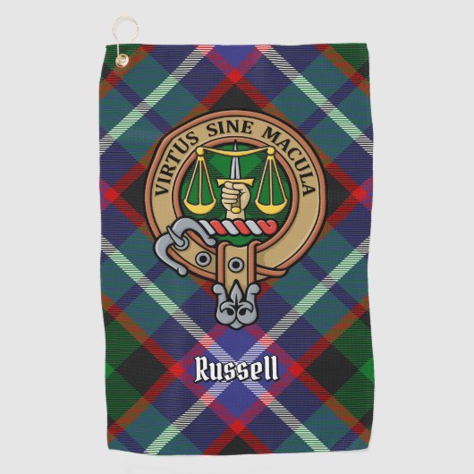 Clan Russell Crest over geruite achtergrond Golfhanddoek (Voorkant)