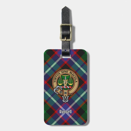 Clan Russell Crest over tartan Bagagelabel (Voorkant verticaal)