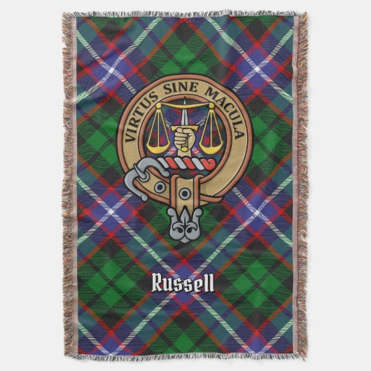 Clan Russell Crest over tartan Deken (Voorkant Verticaal)