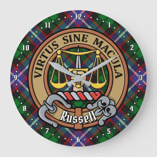 Clan Russell Crest over tartan Grote Klok (Voorkant)