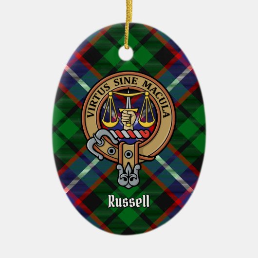 Clan Russell Crest over tartan Keramisch Ornament (Voorkant)