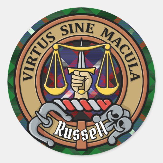 Clan Russell Crest over tartan Ronde Sticker (Voorkant)