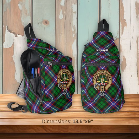 Clan Russell Crest over tartan Sling Bag