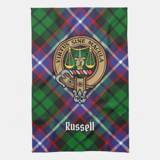 Clan Russell Crest over Tartan Theedoek (Verticaal)