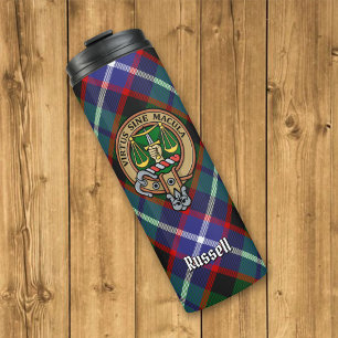 Clan Russell Crest over tartan Thermosbeker